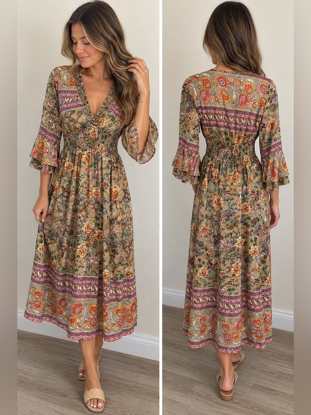 Seven Islands | Floral Boho Midi Dress in Olive with Smocked Waist | Size L